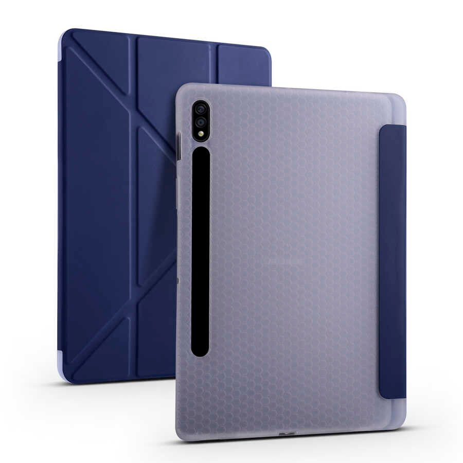 Galaxy Tab S7 Plus T970 Kılıf Zore Tri Folding Kalem Bölmeli Standlı Kılıf Lacivert