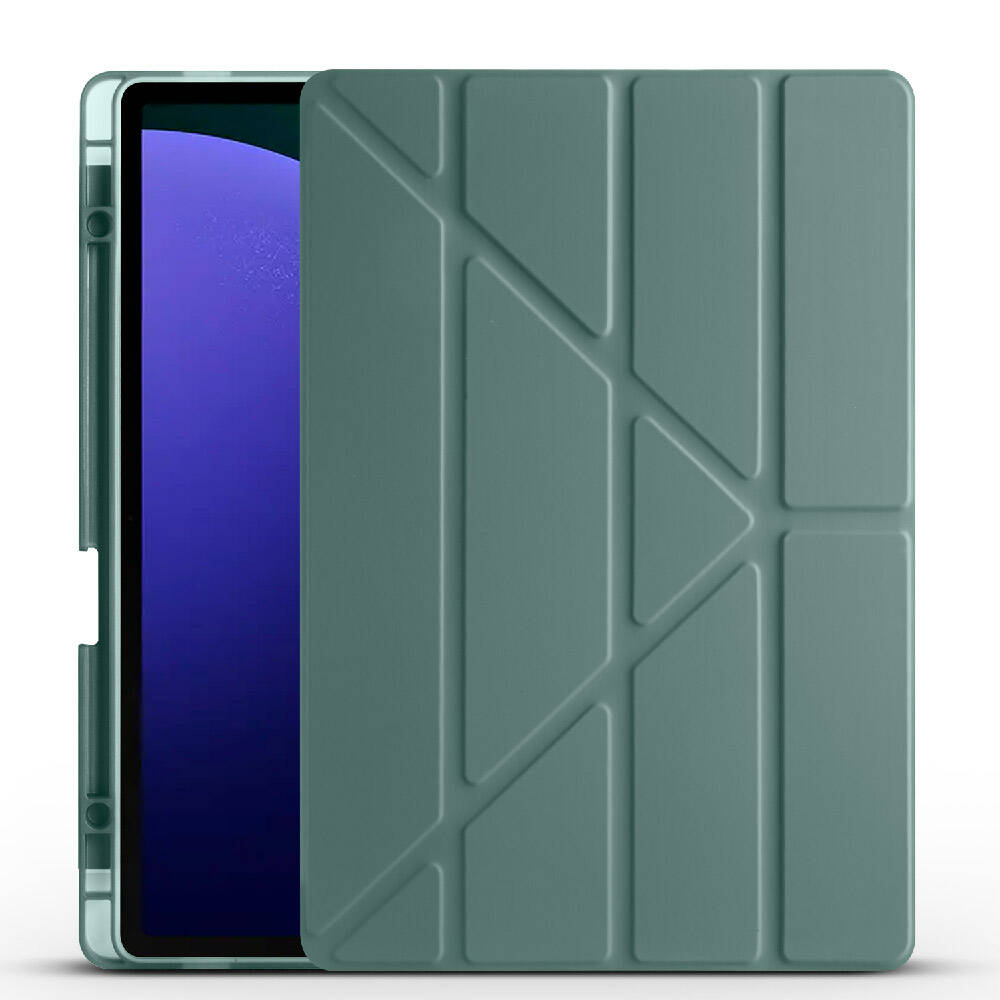 Galaxy Tab S9 FE Plus Kılıf Zore Tri Folding Kalem Bölmeli Standlı Kılıf Koyu Yeşil