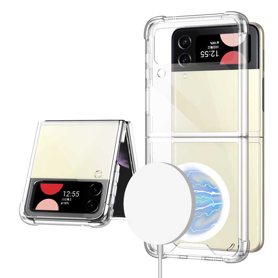 Galaxy Z Flip 4 Kılıf Wireless Şarj Özellikli Airbagli Zore Kıpta Anti Shock M-safe Kapak Renksiz