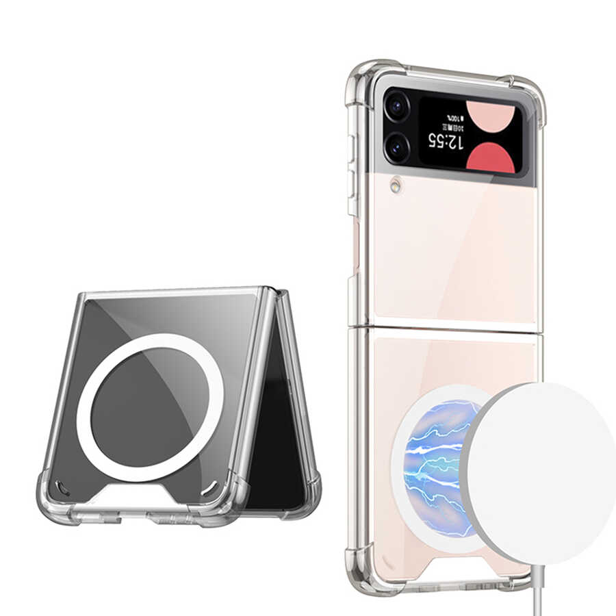 Galaxy Z Flip 4 Kılıf Wireless Şarj Özellikli Airbagli Zore Kıpta Anti Shock M-safe Kapak Renksiz