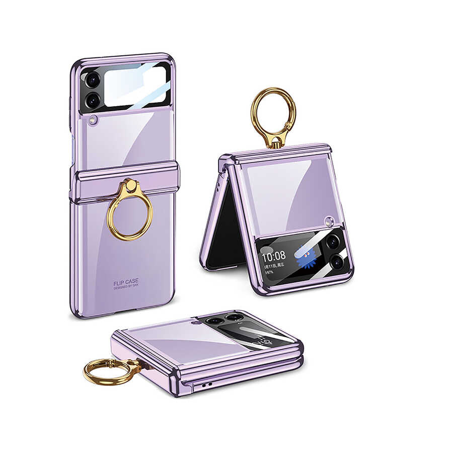 Galaxy Z Flip 4 Kılıf Zore Kıpta Yüzüklü Lens Korumalı Kapak Lila