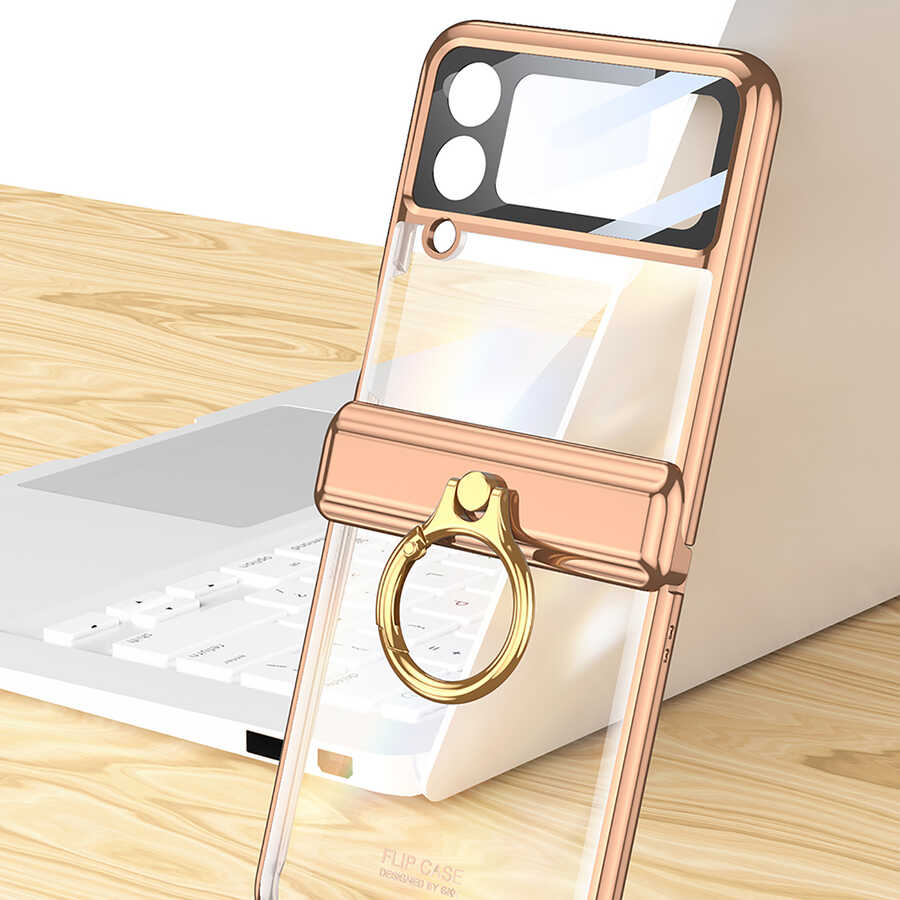 Galaxy Z Flip 4 Kılıf Zore Kıpta Yüzüklü Lens Korumalı Kapak Mavi