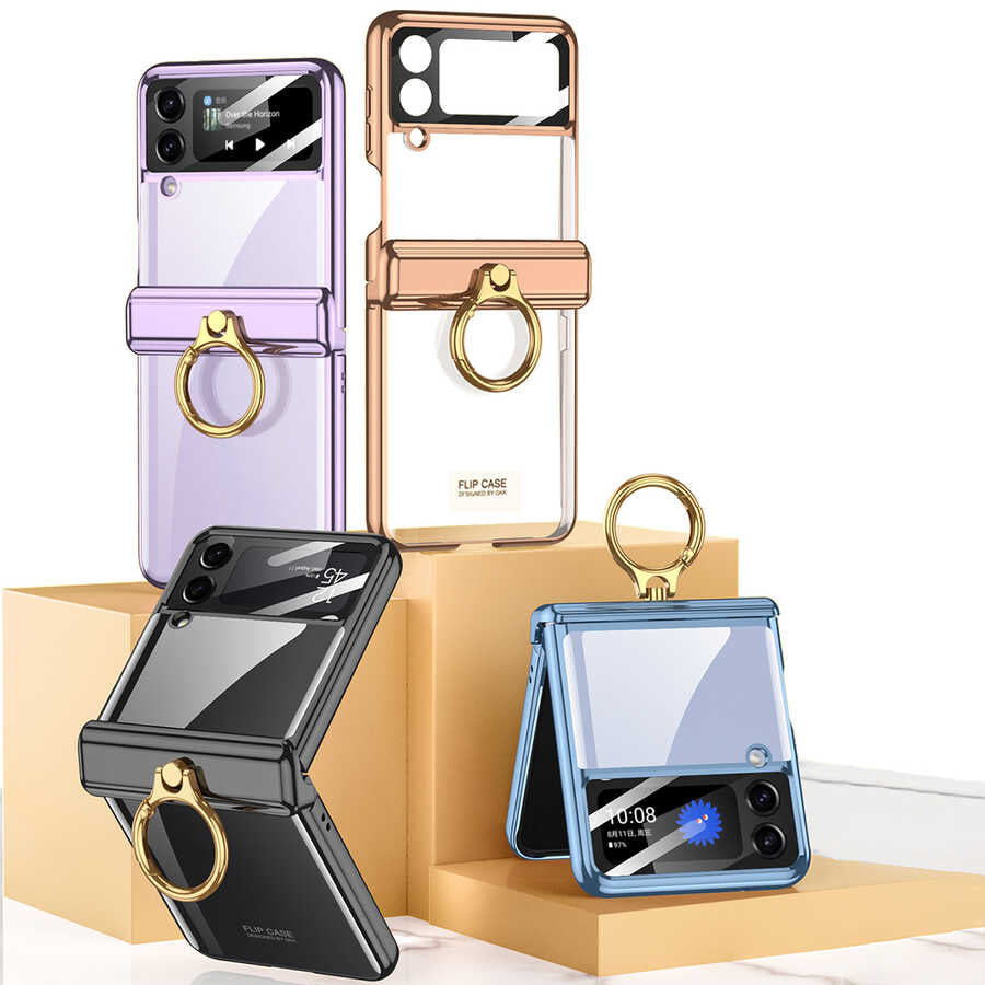 Galaxy Z Flip 4 Kılıf Zore Kıpta Yüzüklü Lens Korumalı Kapak Siyah