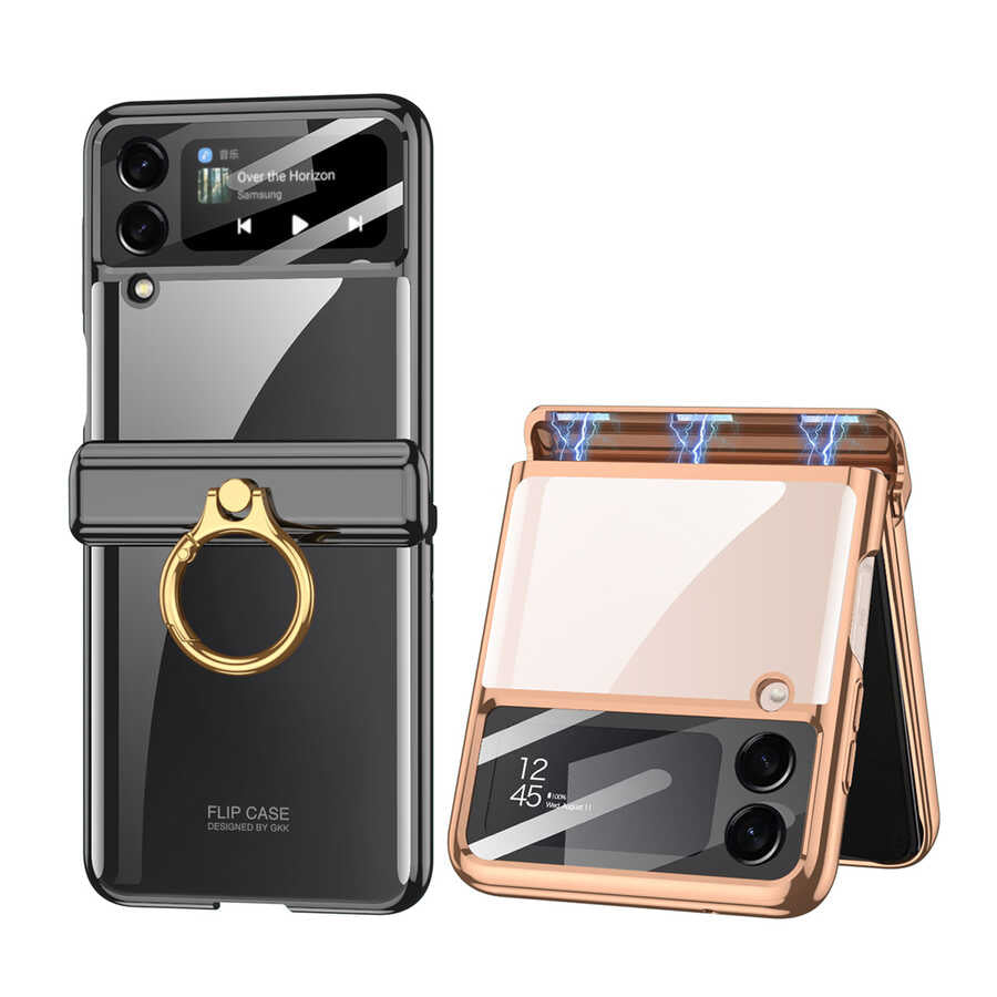 Galaxy Z Flip 4 Kılıf Zore Kıpta Yüzüklü Lens Korumalı Kapak Siyah