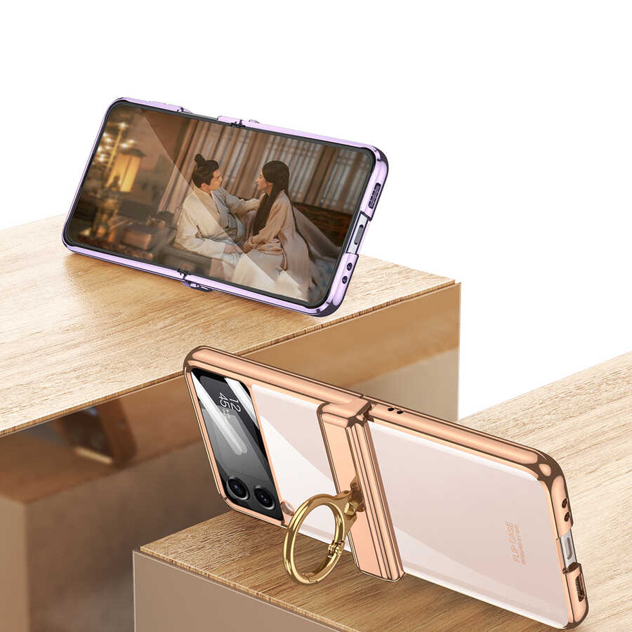 Galaxy Z Flip 4 Kılıf Zore Kıpta Yüzüklü Lens Korumalı Kapak Lila