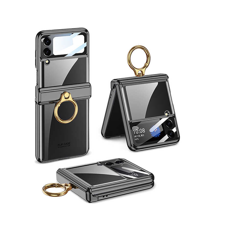 Galaxy Z Flip 4 Kılıf Zore Kıpta Yüzüklü Lens Korumalı Kapak Siyah