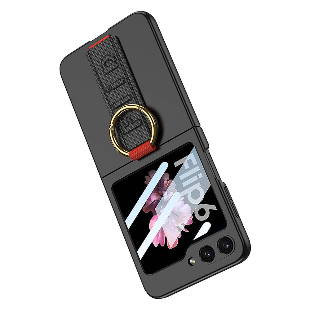 Galaxy Z Flip 6 Kılıf Kamera Korumalı Yüzüklü Karbon Tasarımlı Zore Flip Ring Kıpta Kapak Siyah