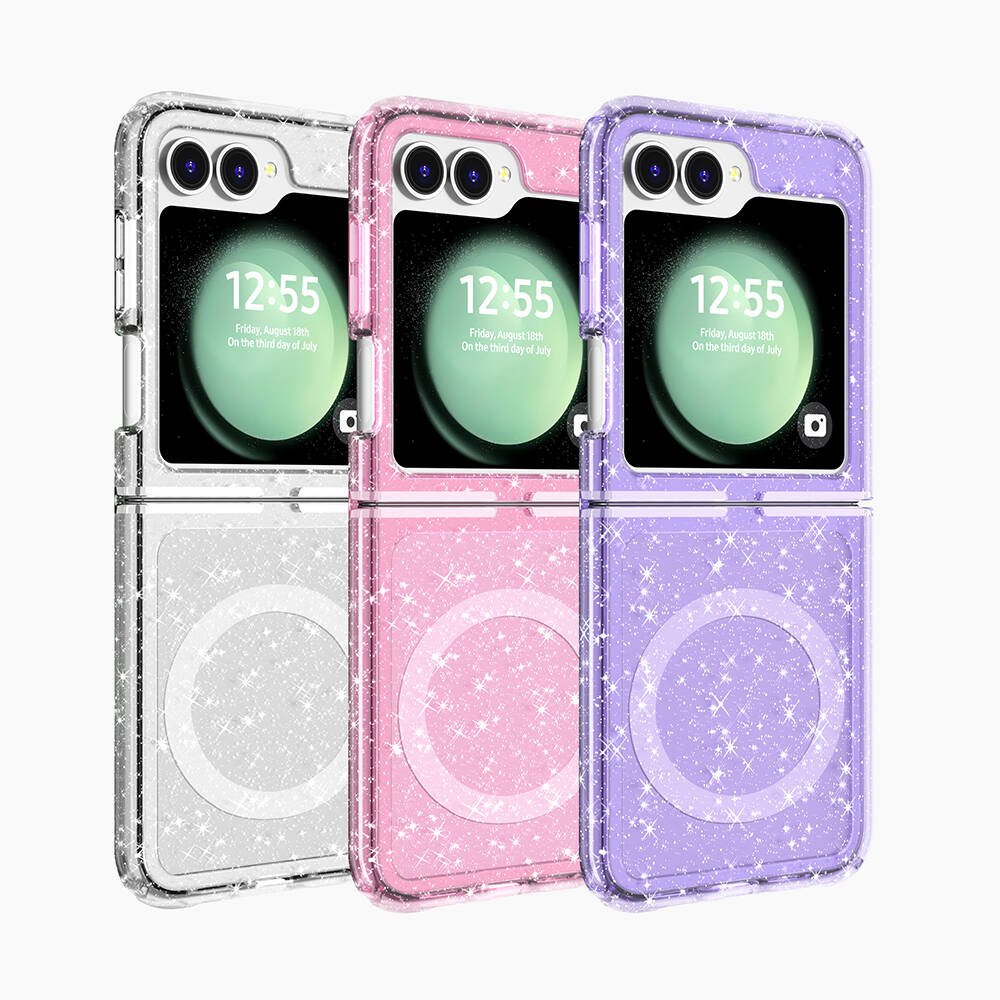 Galaxy Z Flip 6 Kılıf M-safe Şarj Özellikli Parlayan Simli Saydam Renkli Zore Allstar Kapak Mor