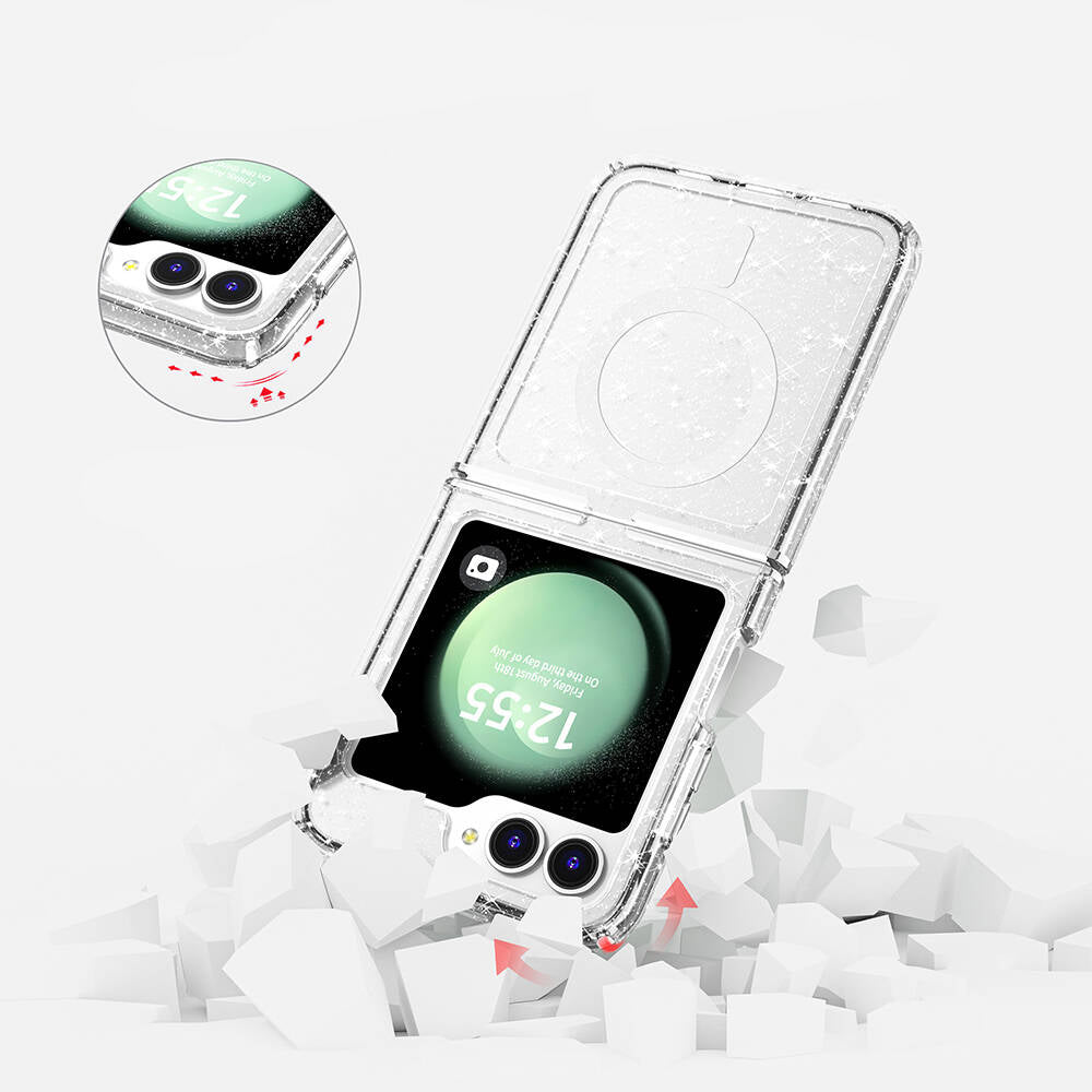 Galaxy Z Flip 6 Kılıf M-safe Şarj Özellikli Parlayan Simli Saydam Renkli Zore Allstar Kapak Pembe
