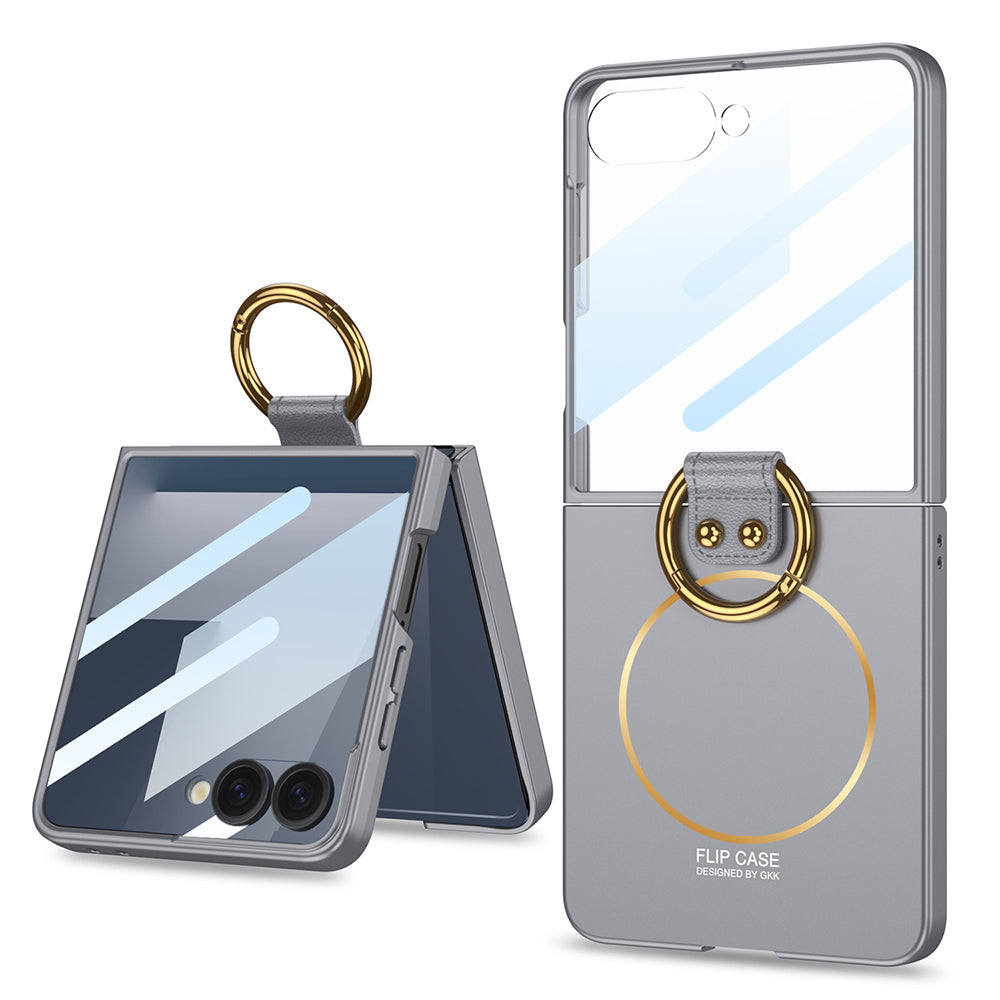 Galaxy Z Flip 7 Kılıf M-safe Şarj Özellikli Zore Kıpta Yüzüklü Flip Sert Kapak Gri