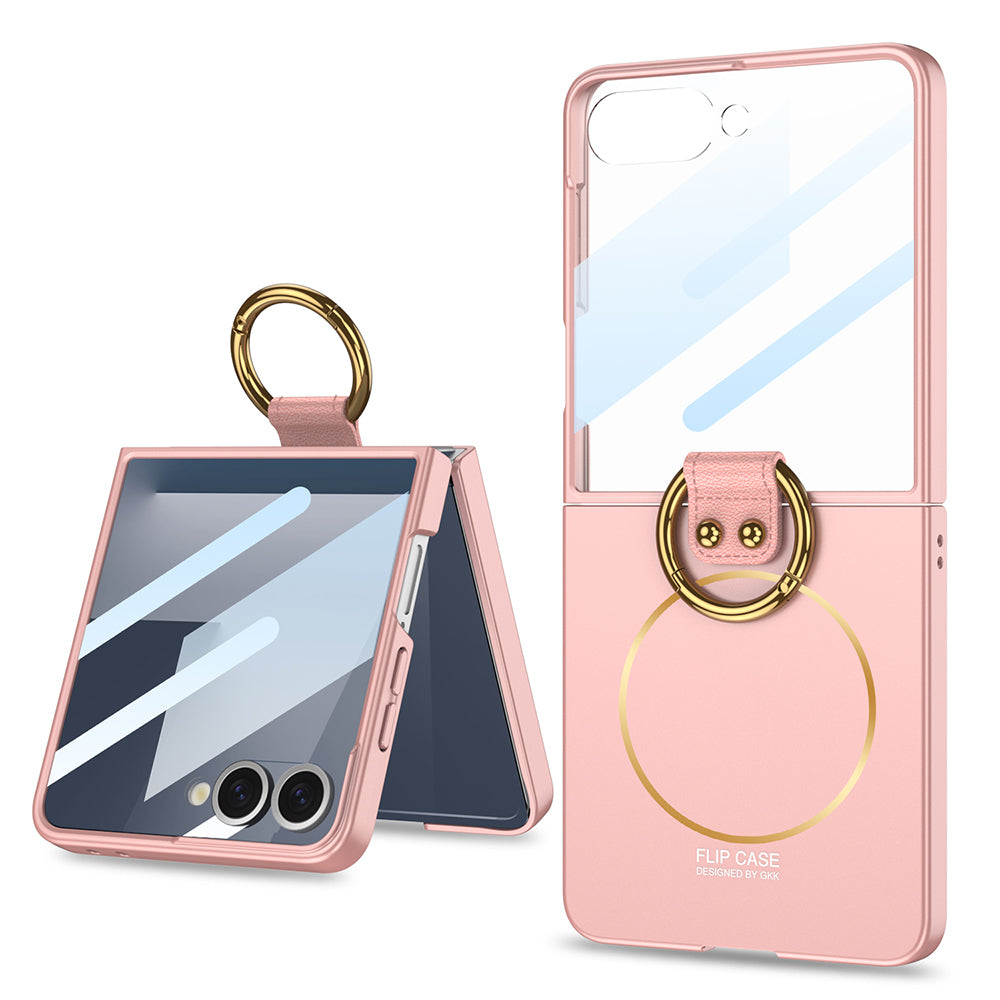 Galaxy Z Flip 7 Kılıf M-safe Şarj Özellikli Zore Kıpta Yüzüklü Flip Sert Kapak Pembe