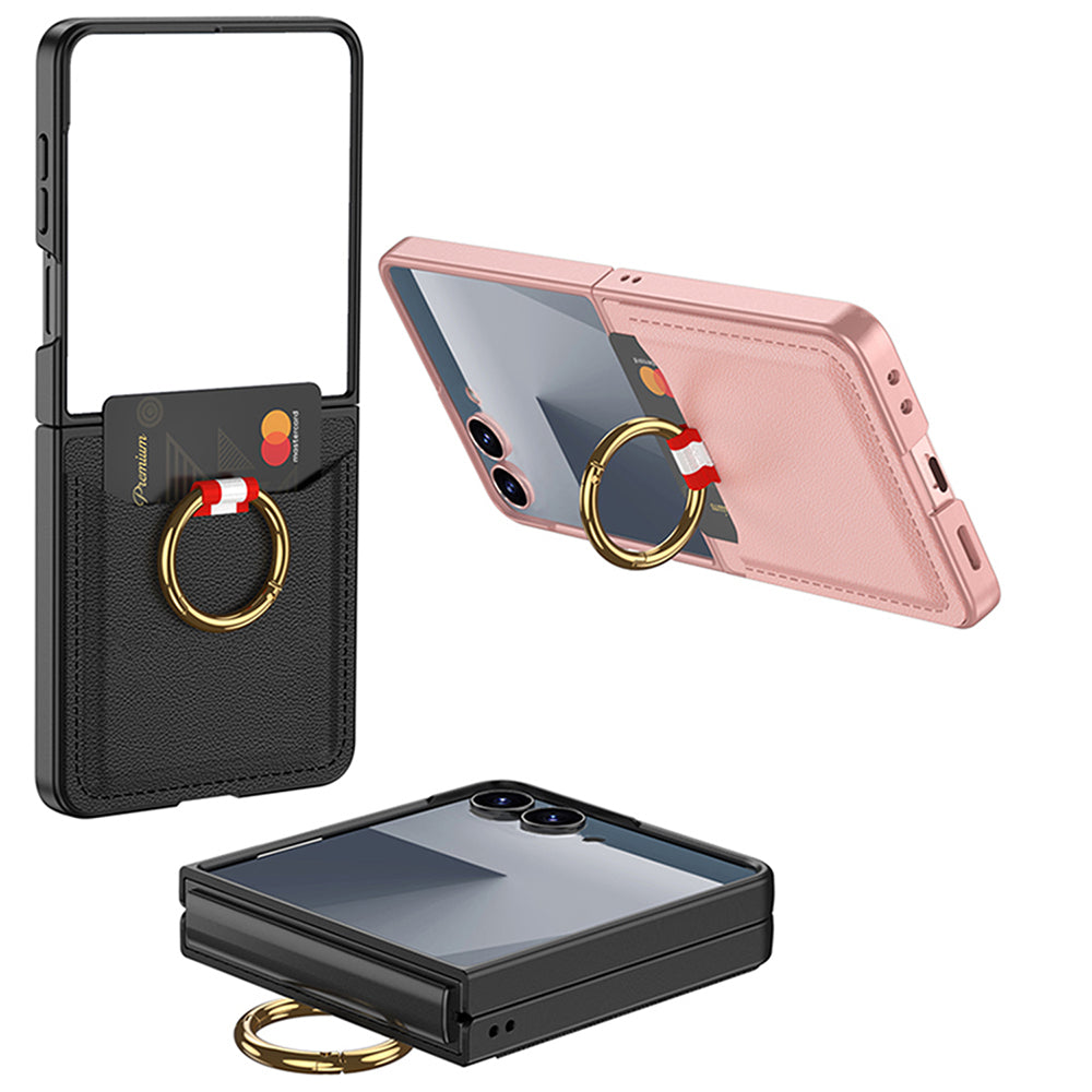 Galaxy Z Flip 7 Zore Kıpta Yüzüklü Kartlıklı Kapak Siyah Karbon