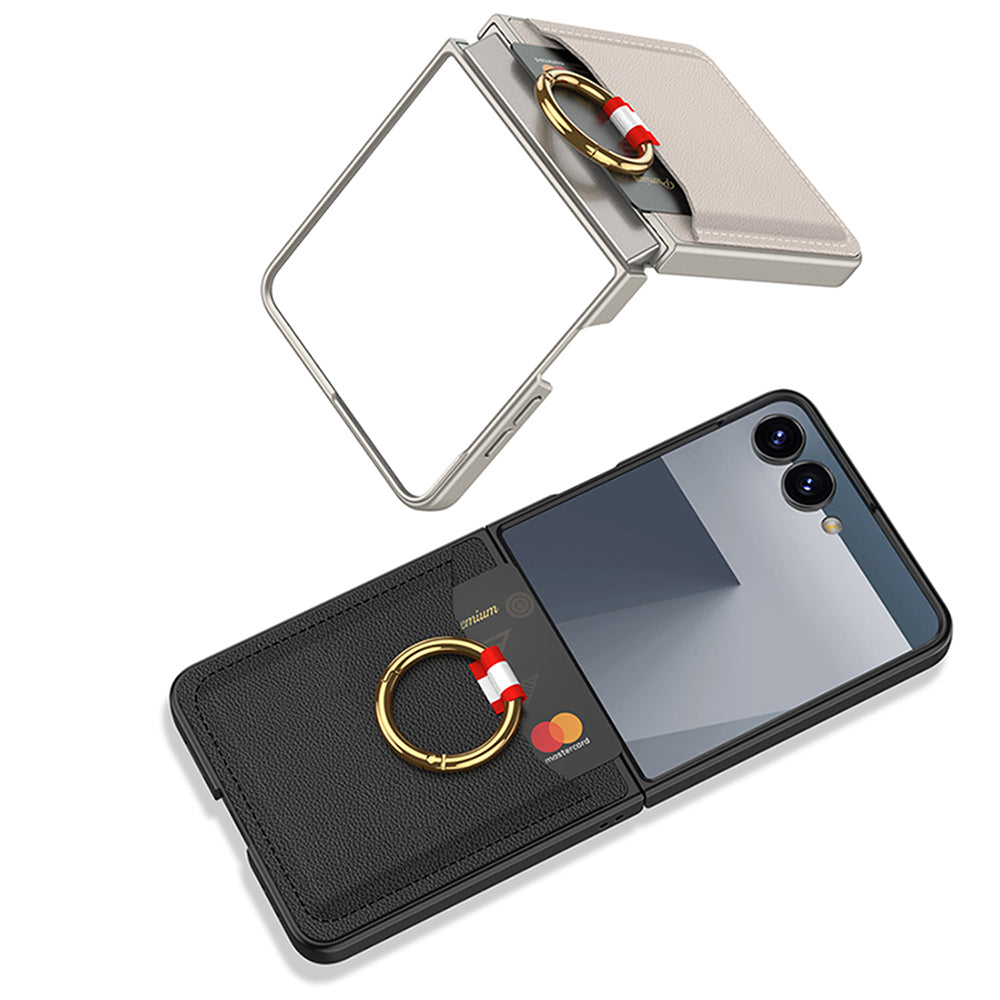 Galaxy Z Flip 7 Zore Kıpta Yüzüklü Kartlıklı Kapak Siyah Karbon