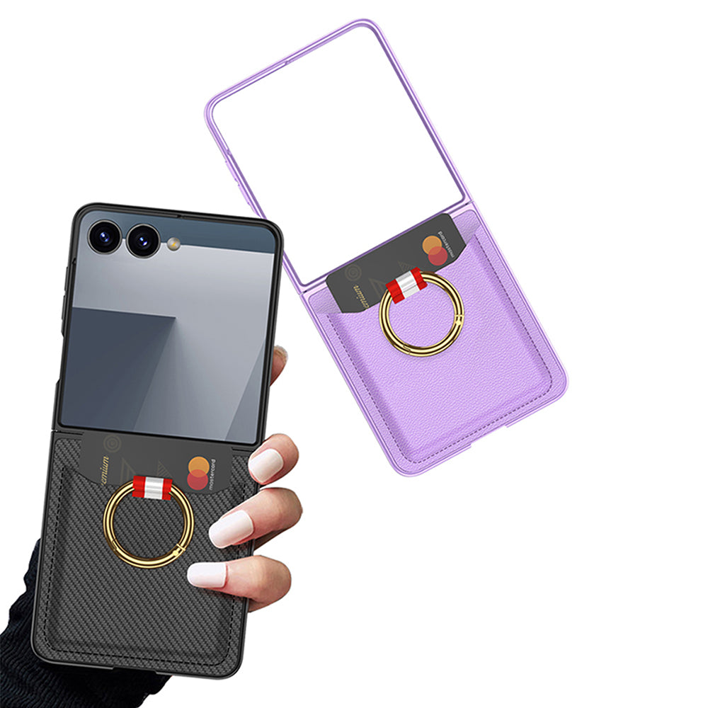 Galaxy Z Flip 7 Zore Kıpta Yüzüklü Kartlıklı Kapak Siyah Karbon