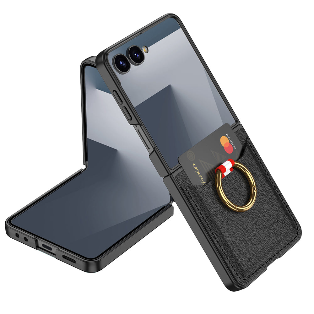 Galaxy Z Flip 7 Zore Kıpta Yüzüklü Kartlıklı Kapak Siyah