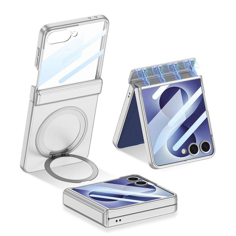 Galaxy Z Flip 8 Kılıf M-safe Şarj Özellikli Zore Kıpta KPT-06 Ring Standlı Kapak Gümüş