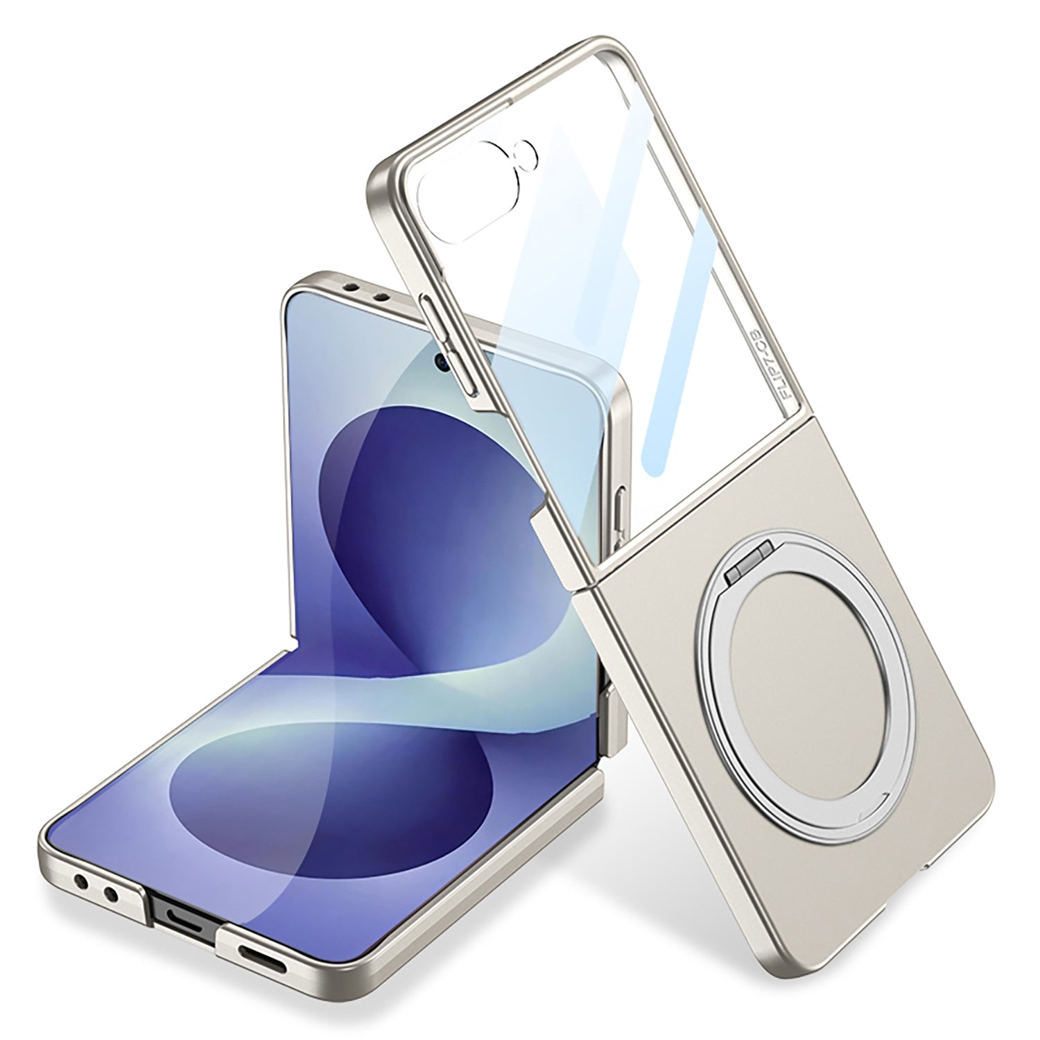 Galaxy Z Flip 8 Kılıf M-safe Şarj Özellikli Zore Kıpta Yüzüklü Kamera Korumalı Kapak Titanyum