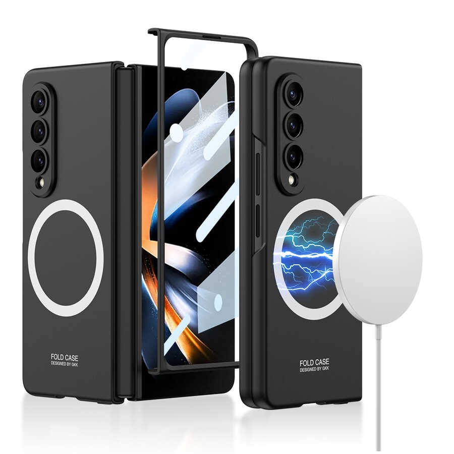 Galaxy Z Fold 4 Kılıf Wireless Şarj Özellikli Zore Kıpta M-safe Kapak Siyah