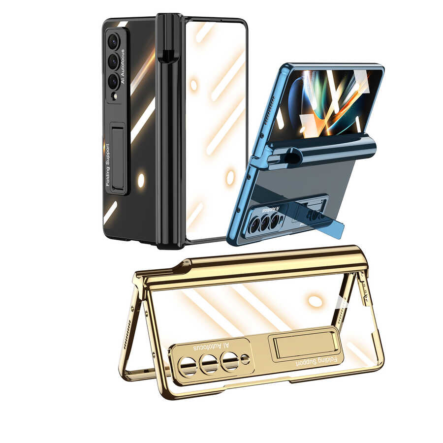 Galaxy Z Fold 4 Kılıf Zore Kıpta Standlı Kalem Bölmeli Kapak Mavi
