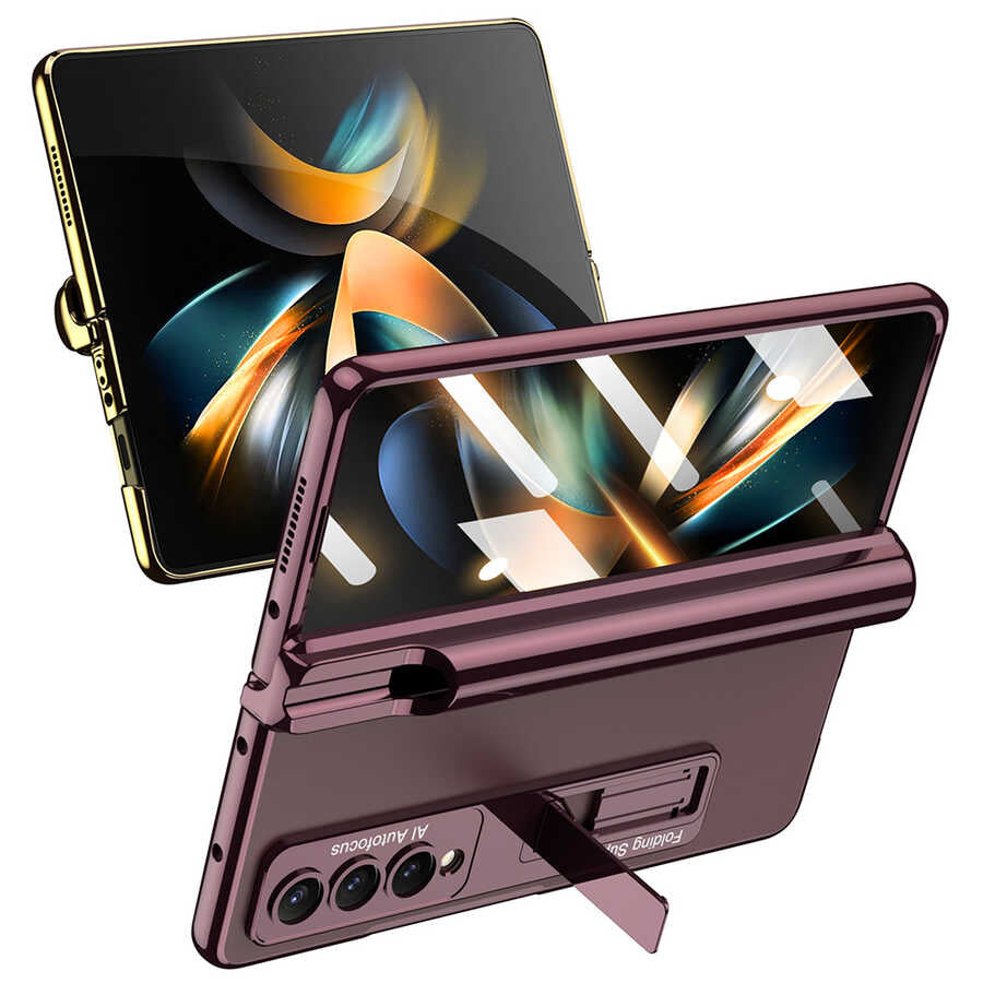 Galaxy Z Fold 4 Kılıf Zore Kıpta Standlı Kalem Bölmeli Kapak Mürdüm
