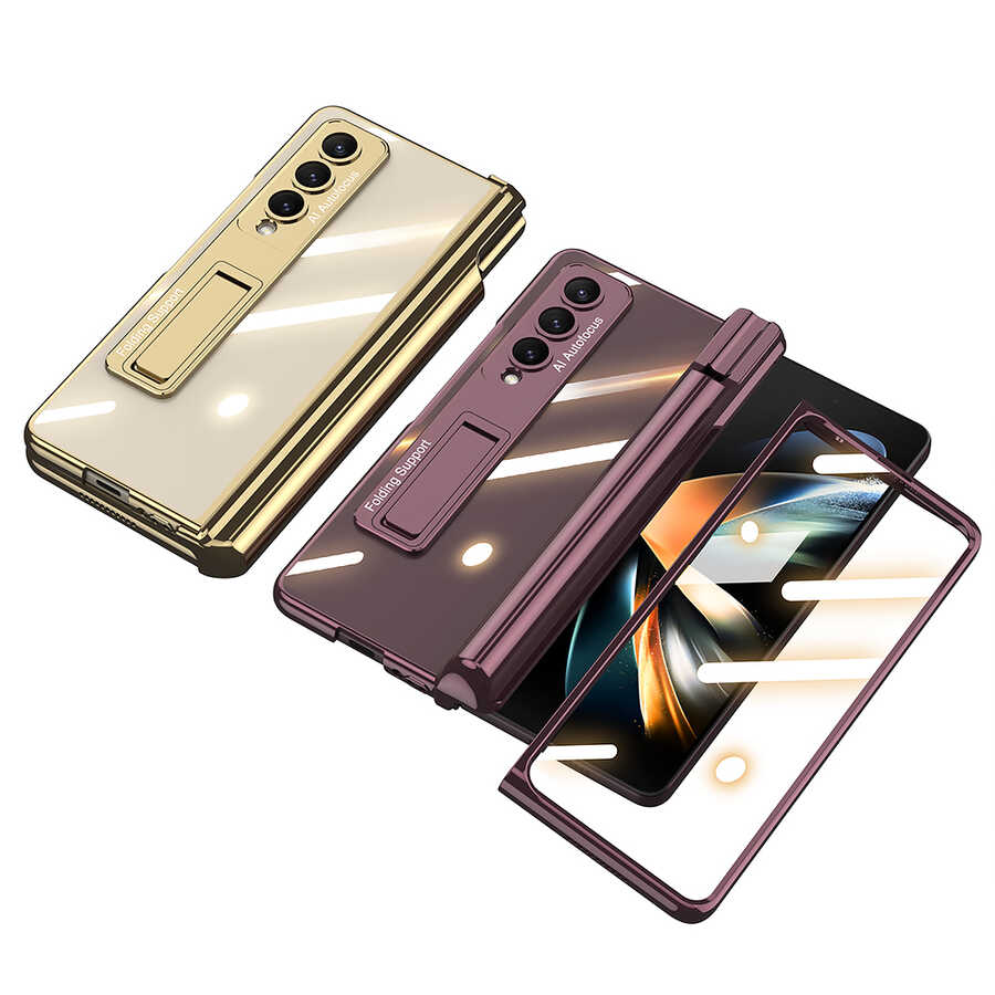 Galaxy Z Fold 4 Kılıf Zore Kıpta Standlı Kalem Bölmeli Kapak Gold