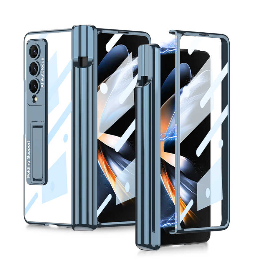 Galaxy Z Fold 4 Kılıf Zore Kıpta Standlı Kalem Bölmeli Kapak Mavi
