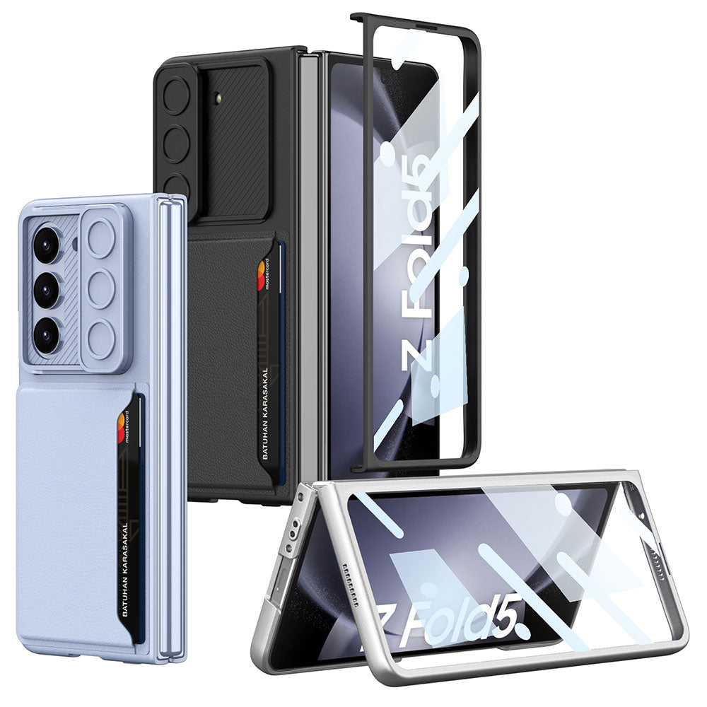 Galaxy Z Fold 5 Suni Deri Arka Yüzey Sürgülü Kamera Korumalı Zore Kartlıklı Kıpta Silikon Kapak Siyah