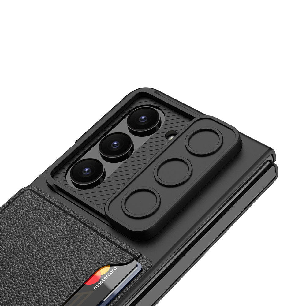Galaxy Z Fold 5 Suni Deri Arka Yüzey Sürgülü Kamera Korumalı Zore Kartlıklı Kıpta Silikon Kapak Siyah