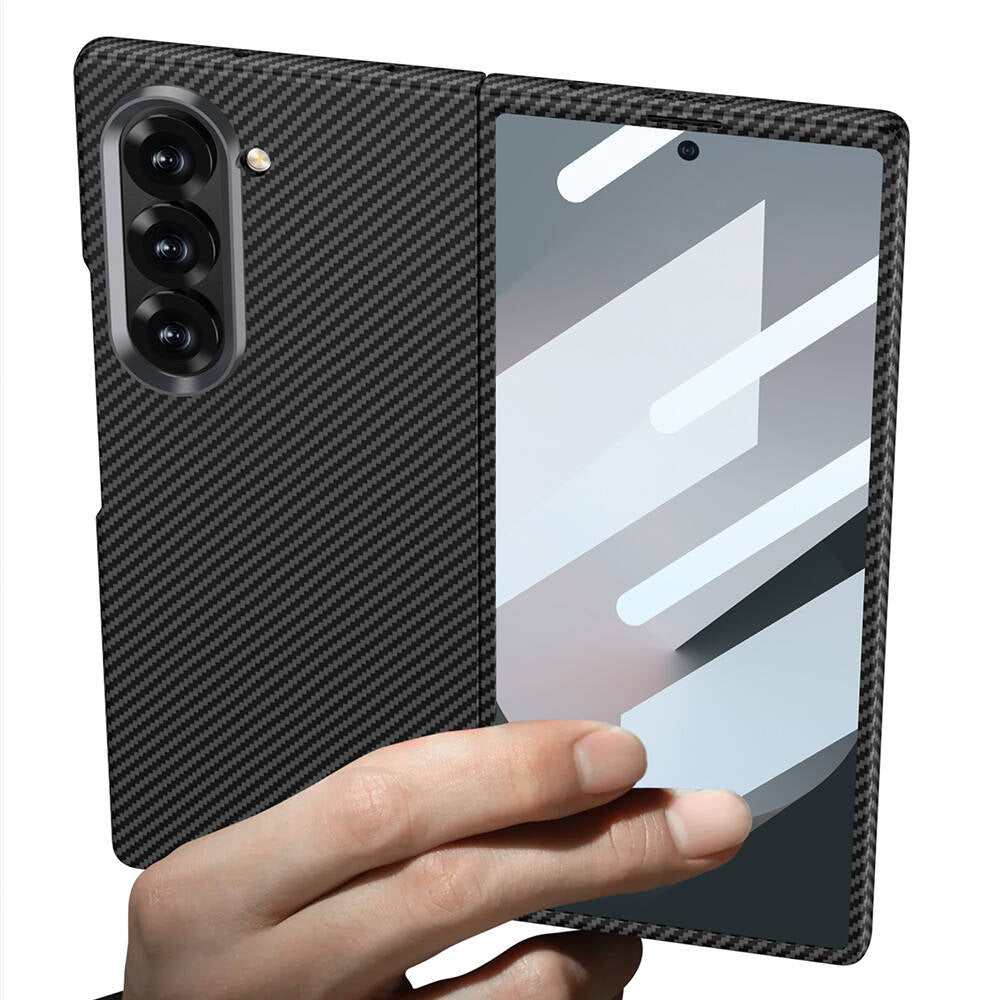 Galaxy Z Fold 6 Kılıf Kamera Korumalı Karbon Fiber Tasarımlı Arka Yüzey Zore Kıpta Karbon Kapak Lacivert