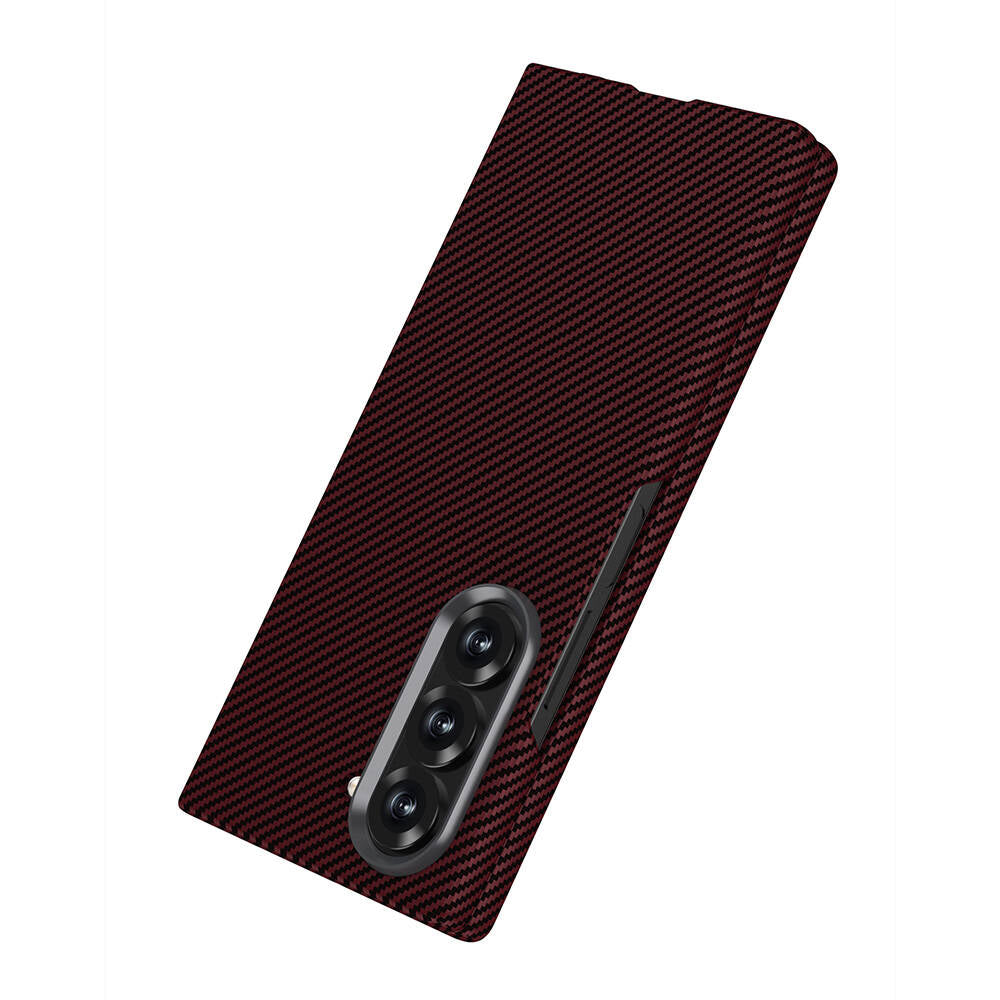 Galaxy Z Fold 6 Kılıf Kamera Korumalı Karbon Fiber Tasarımlı Arka Yüzey Zore Kıpta Karbon Kapak Kırmızı