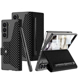 Galaxy Z Fold 6 Kılıf Kamera Korumalı Karbon Tasarımlı Zore Kıpta Kalem Bölmeli Fest Kapak Siyah Karbon
