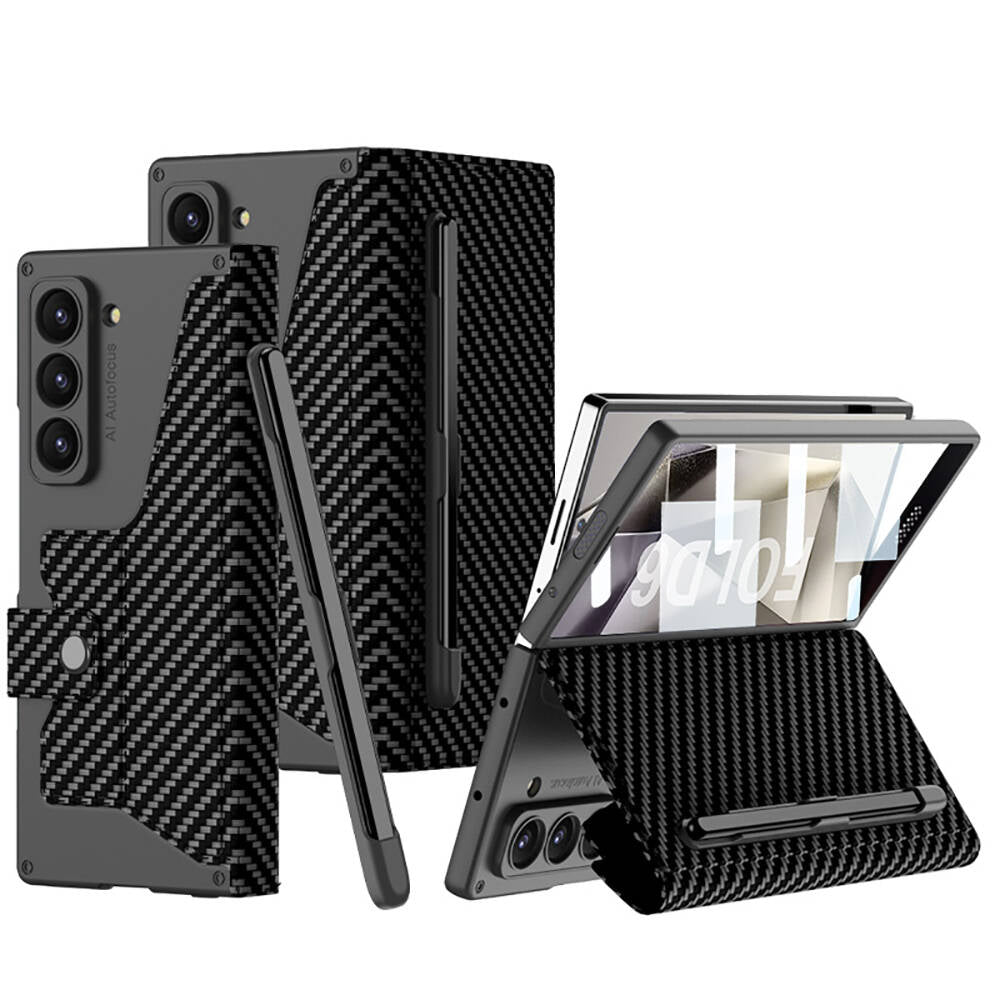 Galaxy Z Fold 6 Kılıf Kamera Korumalı Karbon Tasarımlı Zore Kıpta Kalem Bölmeli Fest Kapak Siyah Karbon