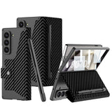Galaxy Z Fold 6 Kılıf Kamera Korumalı Karbon Tasarımlı Zore Kıpta Kalem Bölmeli Fest Kapak Siyah Karbon