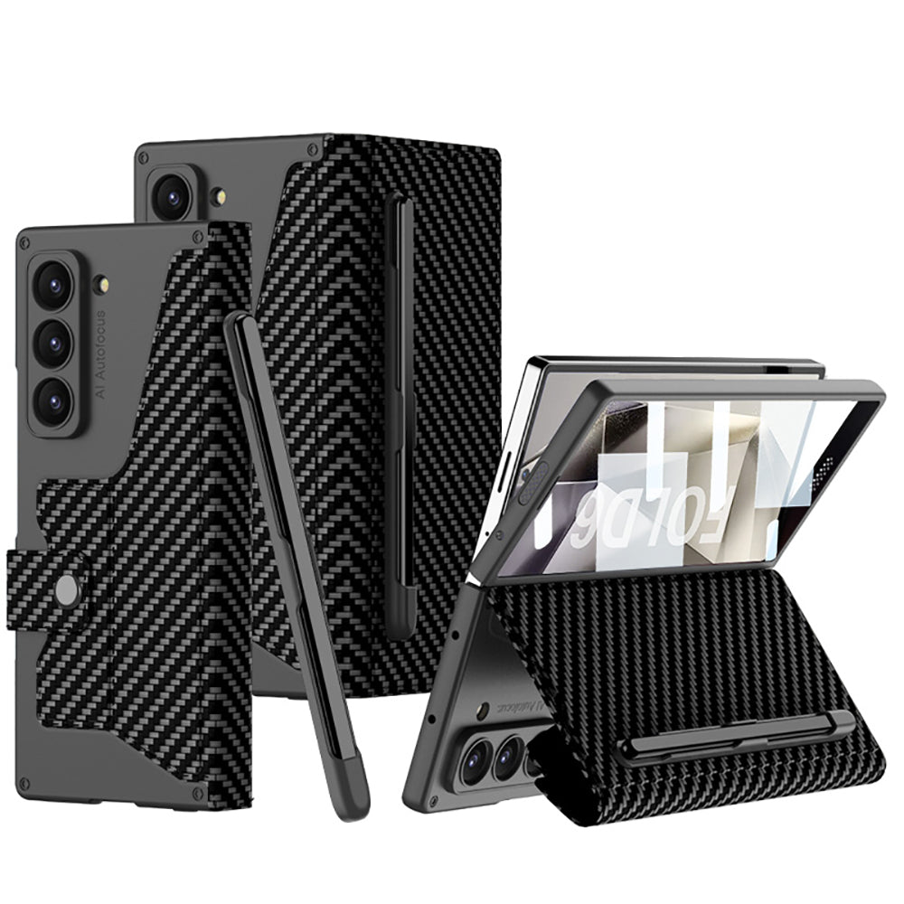 Galaxy Z Fold 6 Kılıf Kamera Korumalı Karbon Tasarımlı Zore Kıpta Kalem Bölmeli Fest Kapak Siyah Karbon