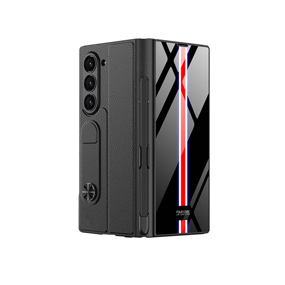 Galaxy Z Fold 6 Kılıf Kamera Korumalı Kartlıklı Kalem Bölmeli Zore Kıpta Çizgili Droga Kılıf Siyah