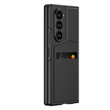 Galaxy Z Fold 6 Kılıf Karbon Fiber Deri Kartlıklı Zore Kıpta Dik Açılan Kartlıklı Kapak Siyah