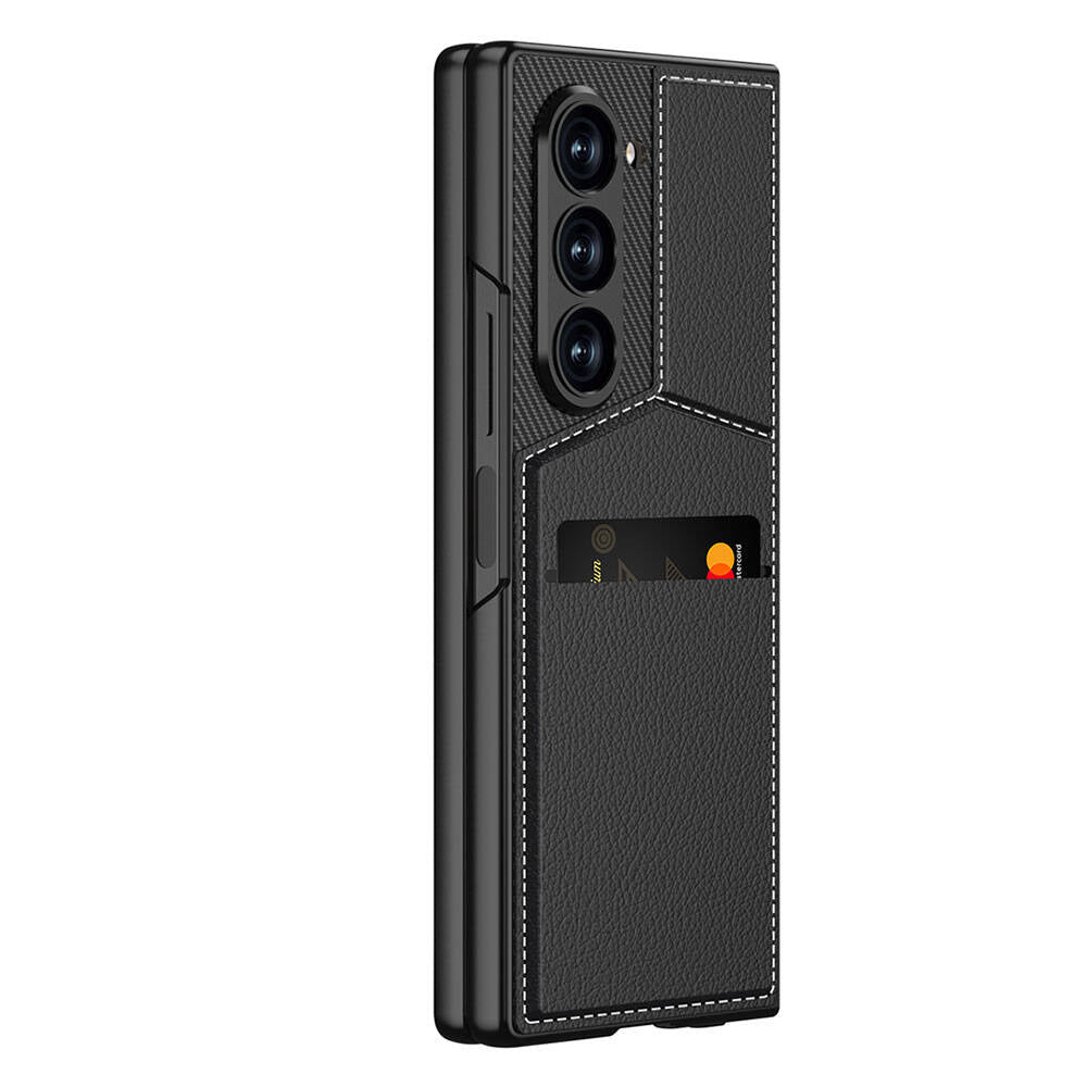Galaxy Z Fold 6 Kılıf Karbon Fiber Deri Kartlıklı Zore Kıpta Dik Açılan Kartlıklı Kapak Siyah