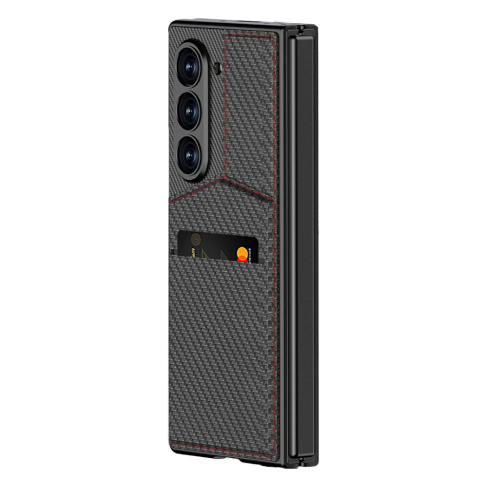 Galaxy Z Fold 6 Kılıf Karbon Fiber Kartlıklı Zore Kıpta Dik Açılan Kartlıklı Kapak Siyah