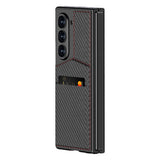 Galaxy Z Fold 6 Kılıf Karbon Fiber Kartlıklı Zore Kıpta Dik Açılan Kartlıklı Kapak Siyah