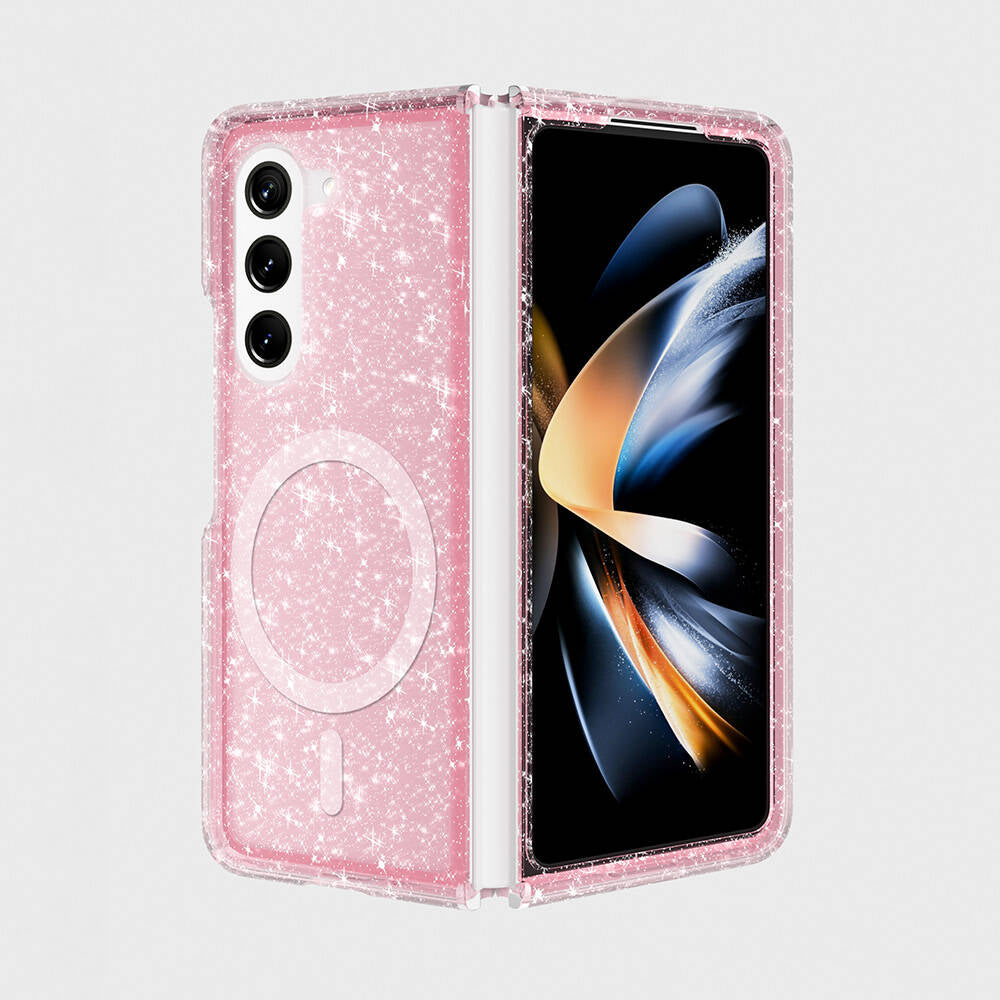 Galaxy Z Fold 6 Kılıf M-safe Şarj Özellikli Parlayan Simli Saydam Renkli Zore Allstar Kapak Pembe