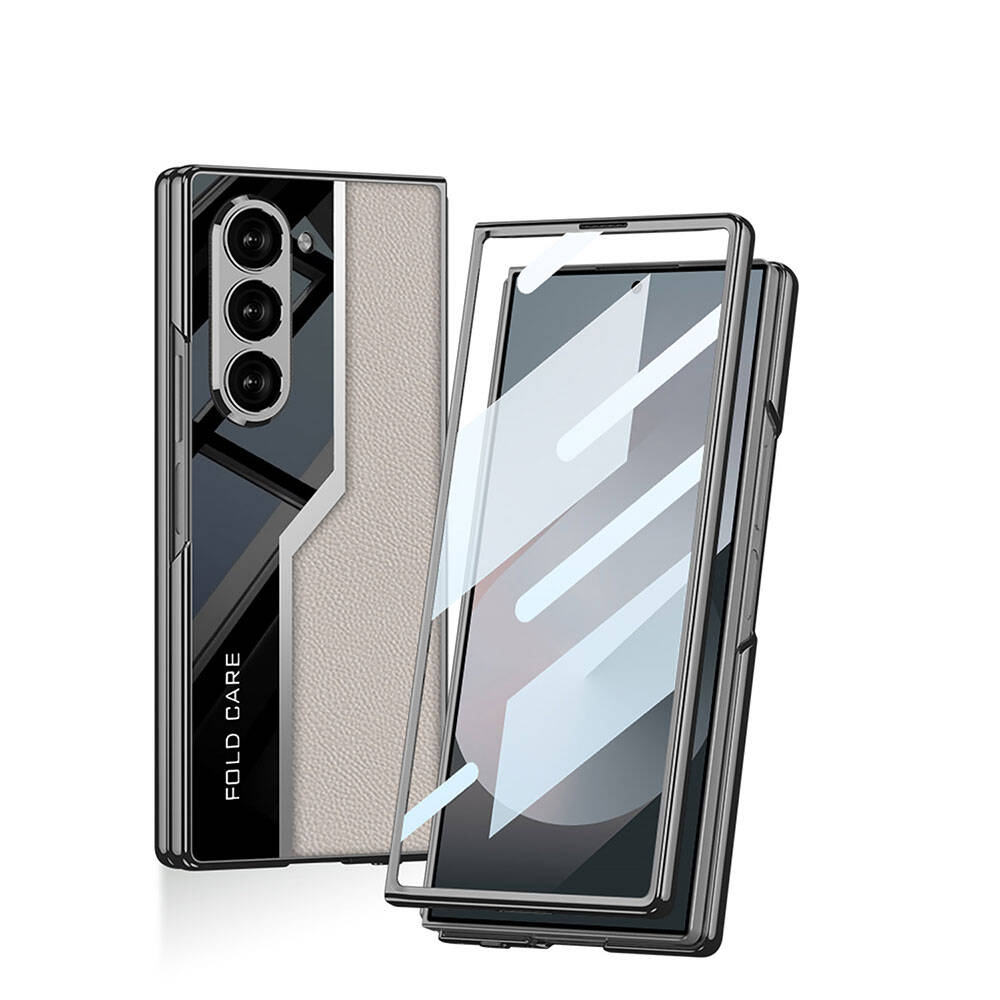 Galaxy Z Fold 6 Kılıf Ultra İnce Kamera Korumalı PC + Deri Arka Yüzey Zore Kıpta Poligan Kapak Gri