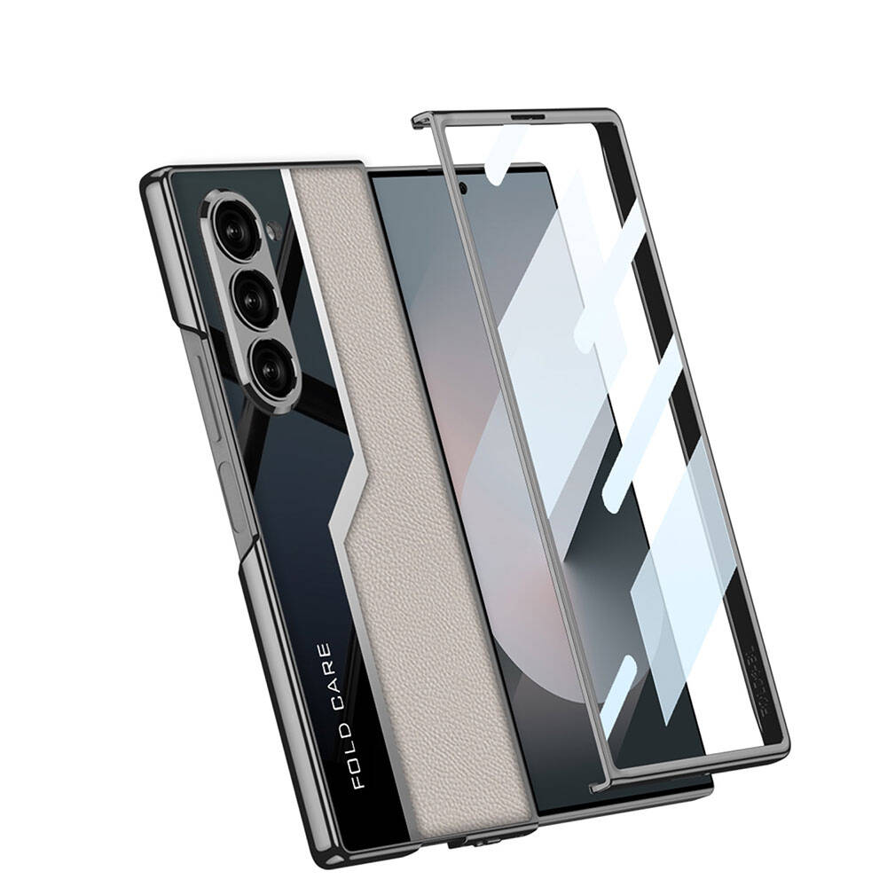 Galaxy Z Fold 6 Kılıf Ultra İnce Kamera Korumalı PC + Deri Arka Yüzey Zore Kıpta Poligan Kapak Titanyum-Gri