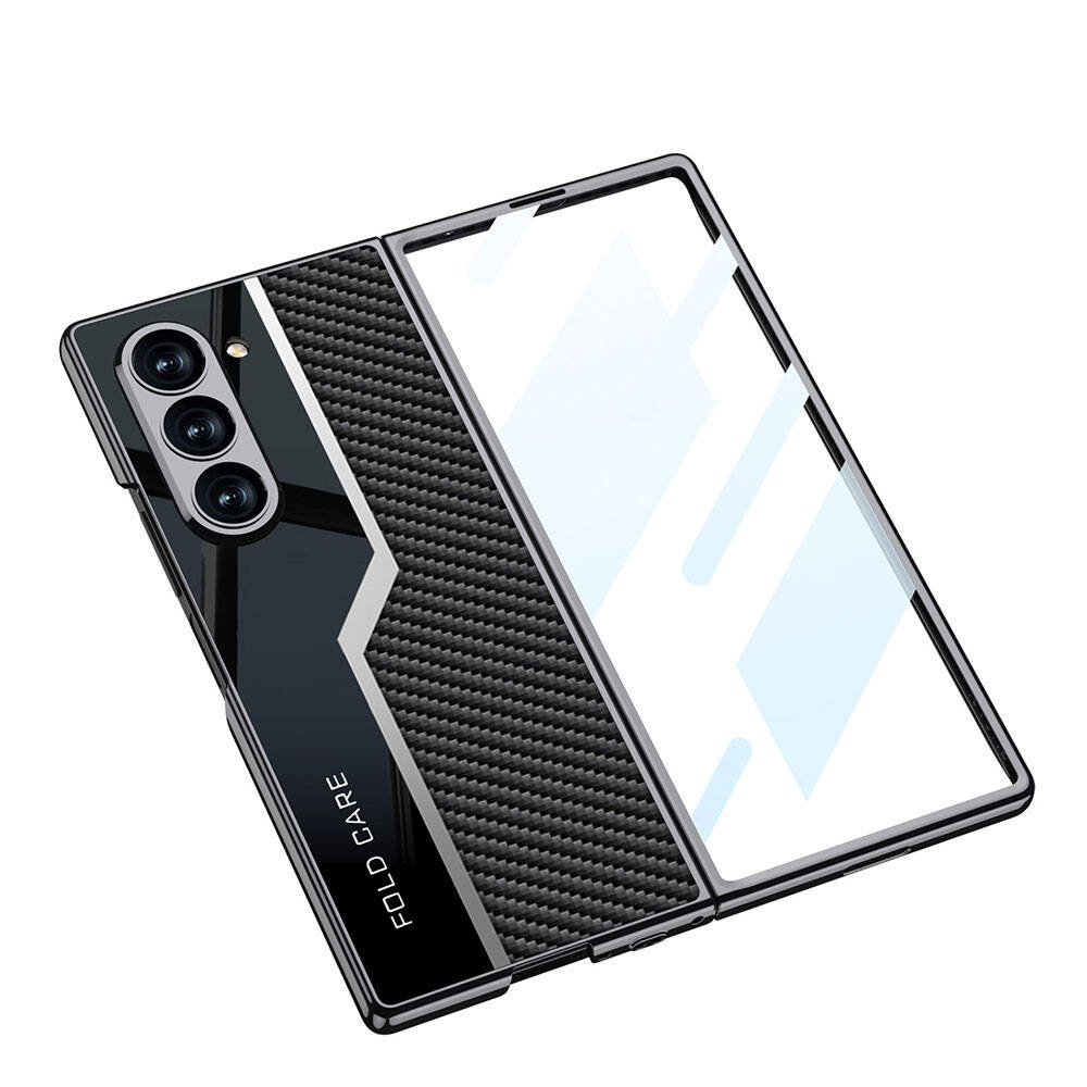 Galaxy Z Fold 6 Kılıf Ultra İnce Kamera Korumalı PC + Karbon Fiber Tasarımlı Arka Yüzey Zore Kıpta Poligan Kapak Siyah