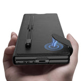 Galaxy Z Fold 6 Suni Deri Tasarımlı Kalem Bölmeli Zore Kıpta Kartlıklı Standlı Kapak Siyah Litchi