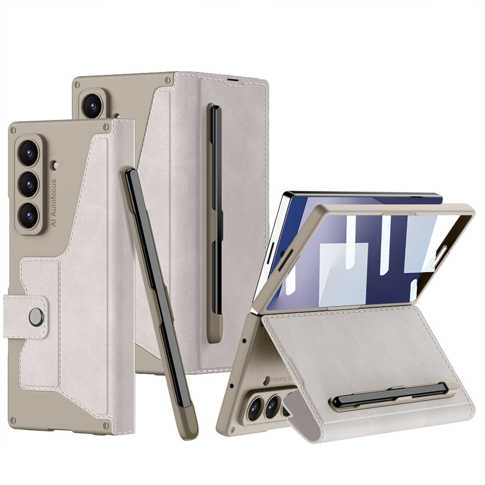 Samsung Galaxy Z Fold 7 Kamera Korumalı Kadife Tasarımlı Kıpta Kalem Bölmeli Fest Kılıf Titanyum