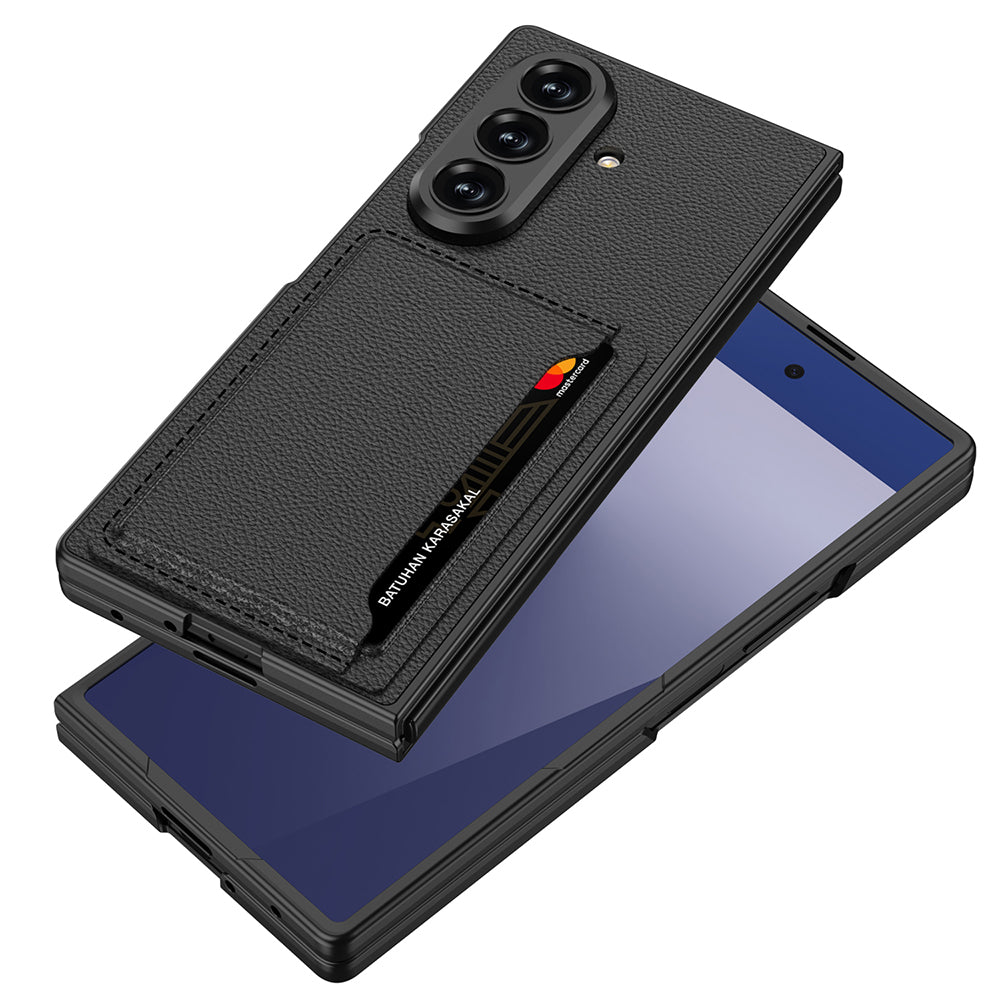 Galaxy Z Fold 7 Suni Deri Arka Yüzey Zore Kartlıklı Kıpta Silikon Kapak Siyah Karbon