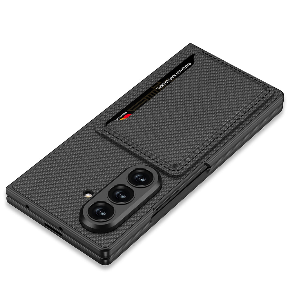 Galaxy Z Fold 7 Suni Deri Arka Yüzey Zore Kartlıklı Kıpta Silikon Kapak Siyah Karbon