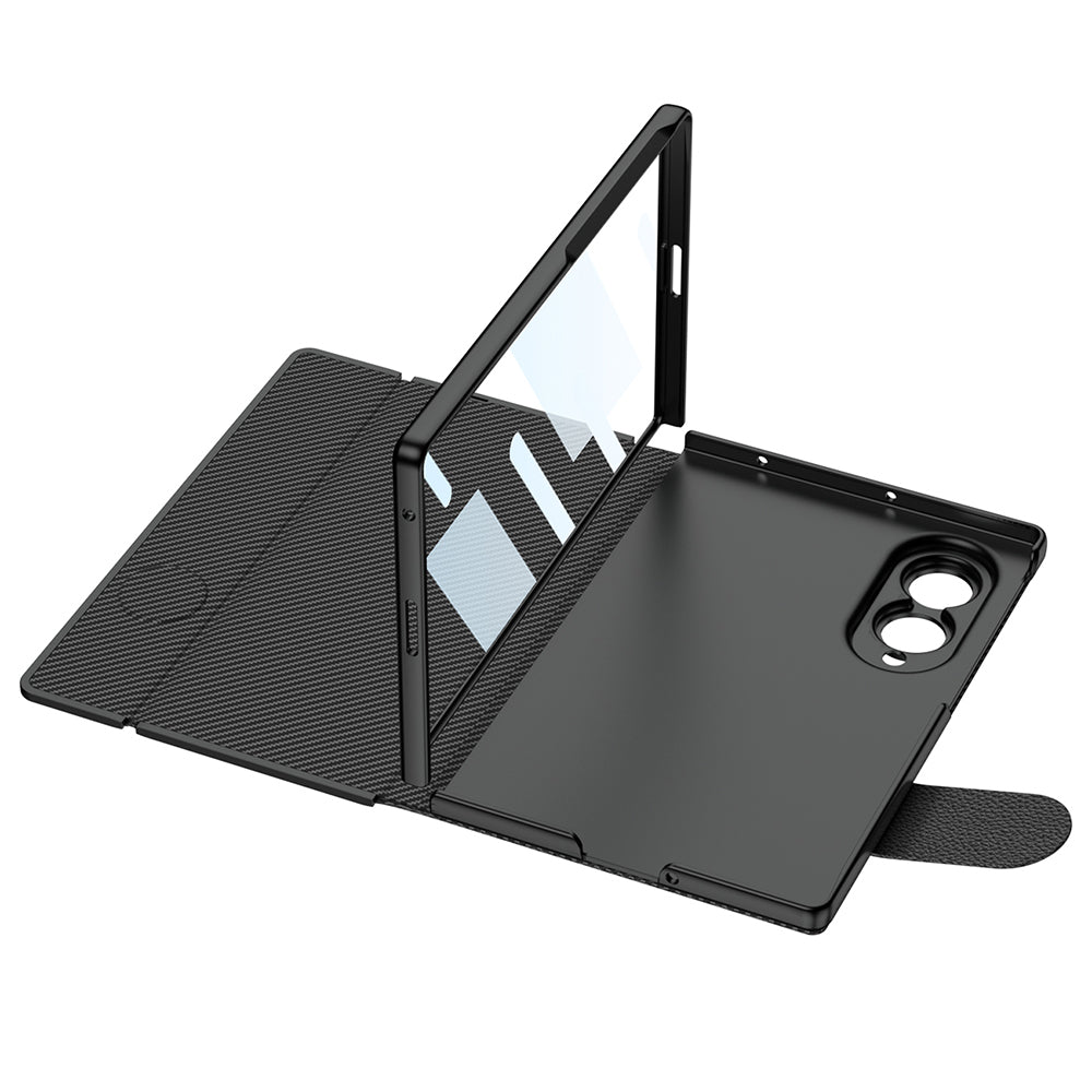 Galaxy Z Fold 8 Kılıf Karbon Fiber Tasarımlı Magnetik Tokalı Kartlıklı Zore Kıpta Zegna Kapak Siyah