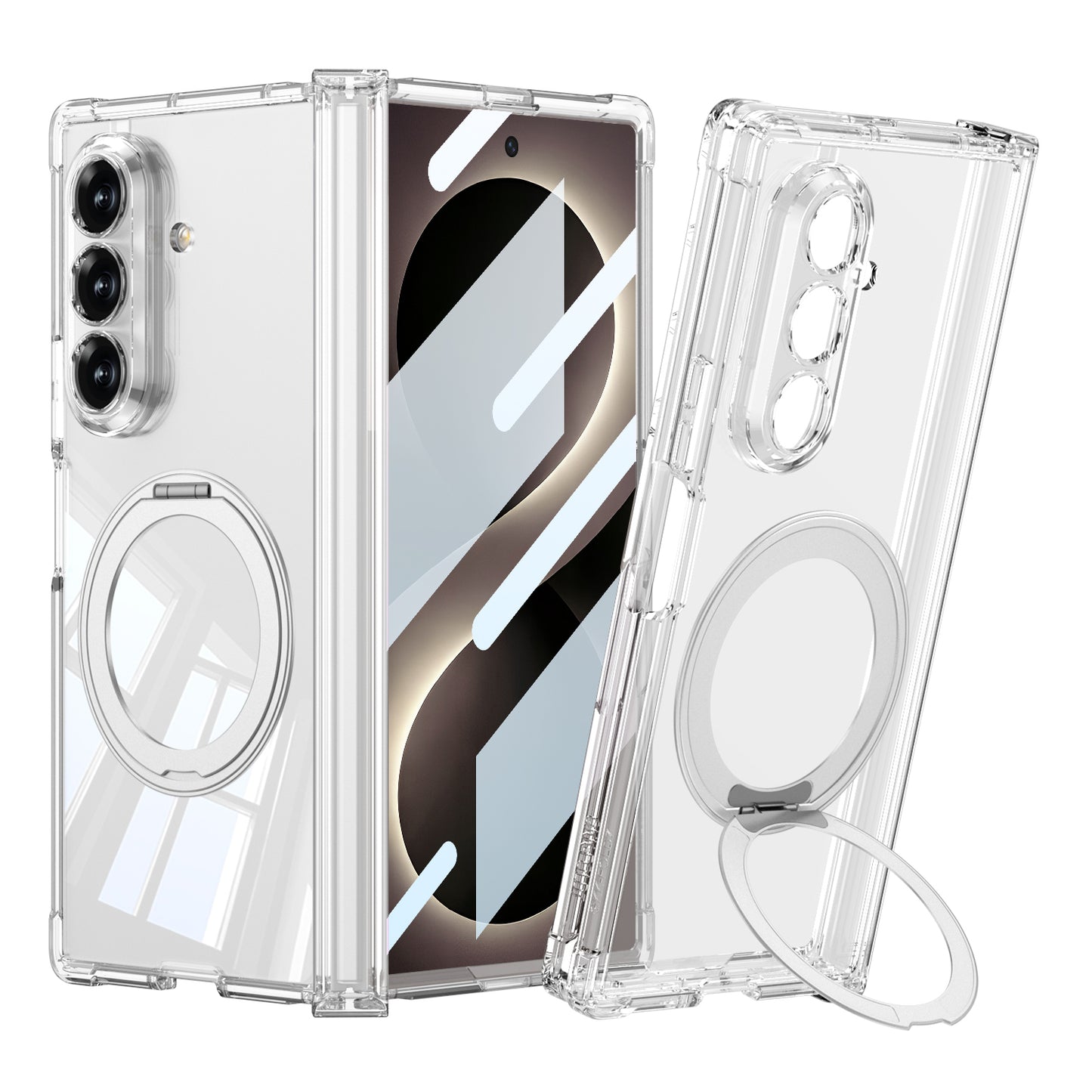 Galaxy Z Fold 8 Ultra Kılıf M-safe Şarj Özellikli Zore Kıpta KPT-09 Ring Standlı Şeffaf Sert PC Kapak Şeffaf