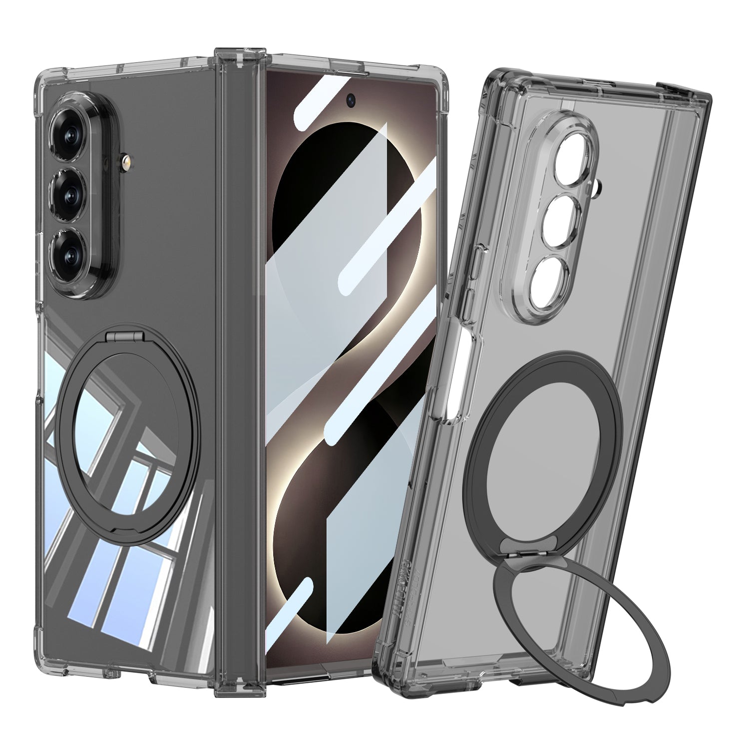 Galaxy Z Fold 8 Ultra Kılıf M-safe Şarj Özellikli Zore Kıpta KPT-09 Ring Standlı Şeffaf Sert PC Kapak Şeffaf